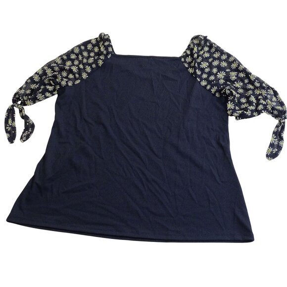 Cato Navy Blue Ribbed Top Shirt Womens Size L Floral Short Sleeve Round Neck - Picture 3 of 10